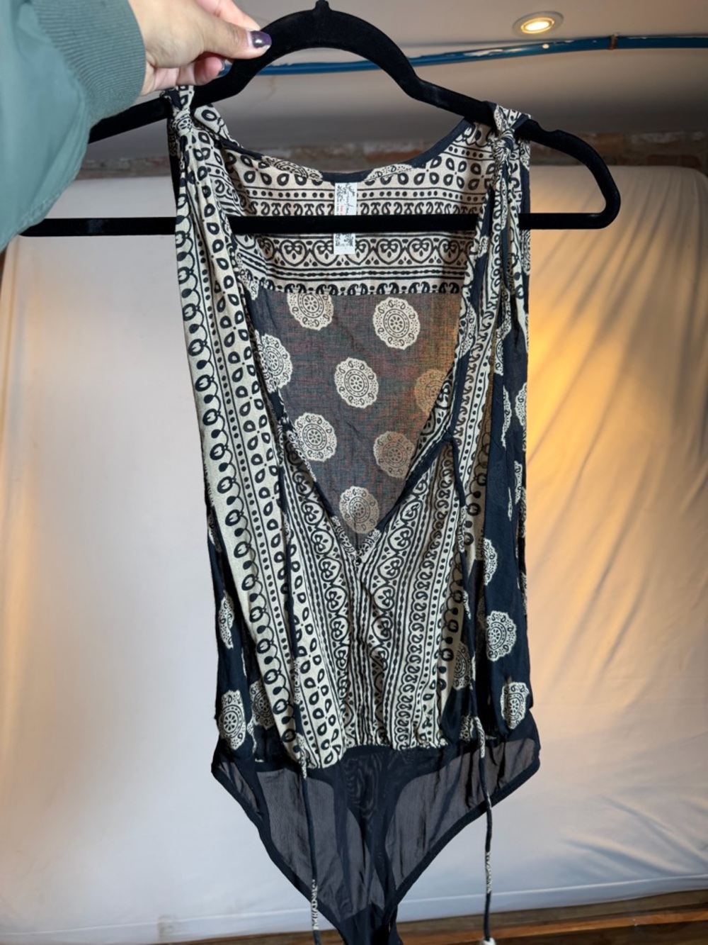 Free People Black and Cream Paisley Print V-Neck Top